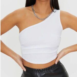 Petite White Ruched Side One Shoulder Crop Top (Small)